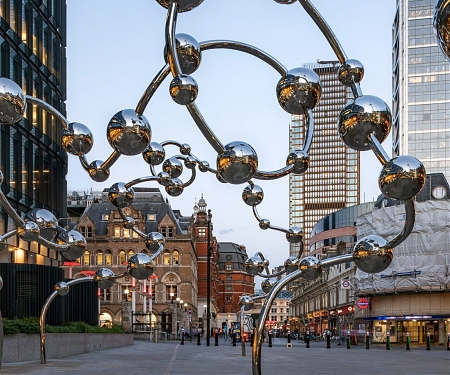 Yayoi Kusama installs mirrored orbs outside Liverpool Street Station in London